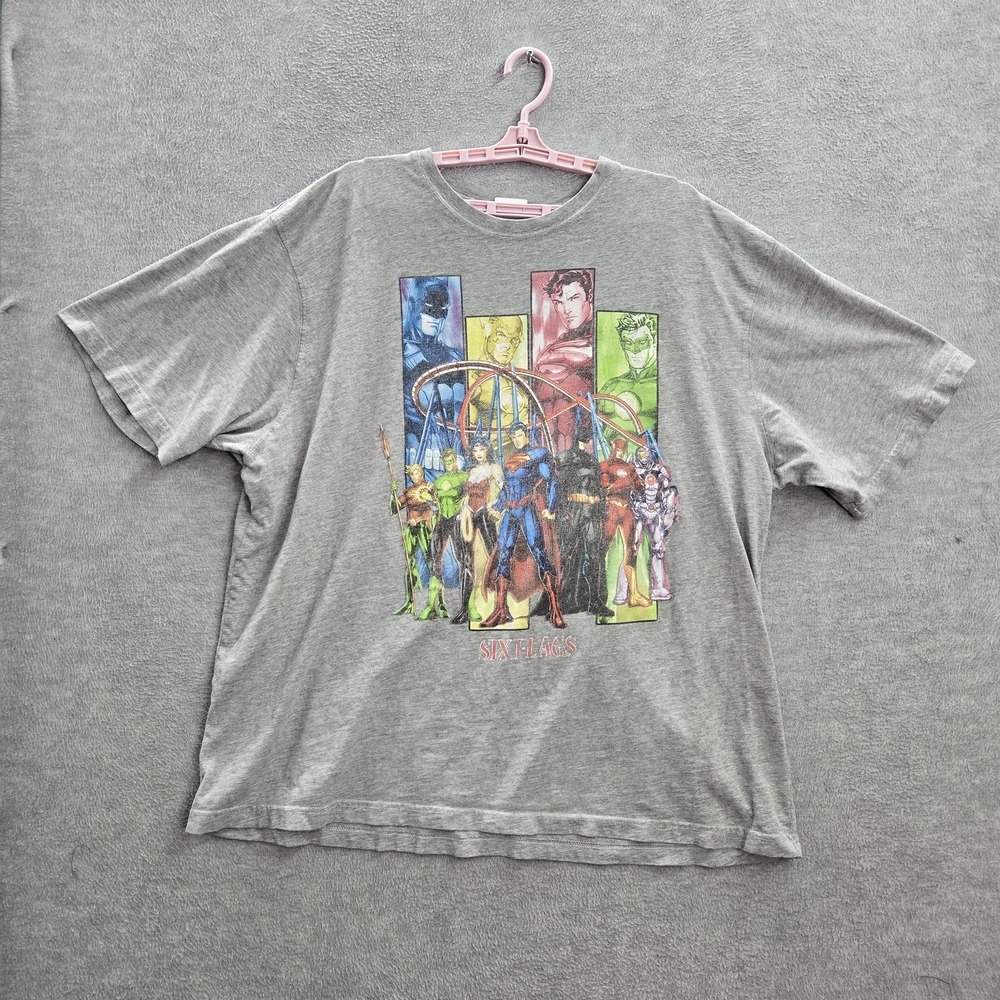Six Flag DC Brand Men Shirt 3XL Gray Graphic‎ Print Justice League Tee Logo